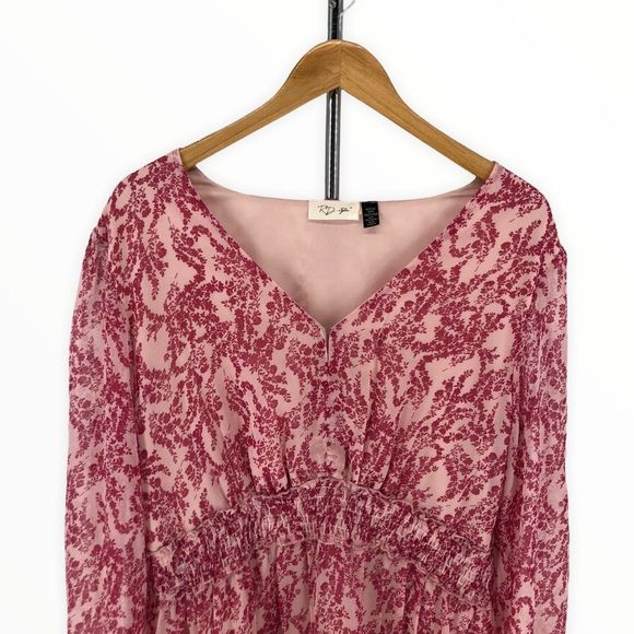 RD Style Pink Print Sheer Long Sleeve Smocked Waist Mini Dress size Large - Picture 2 of 12
